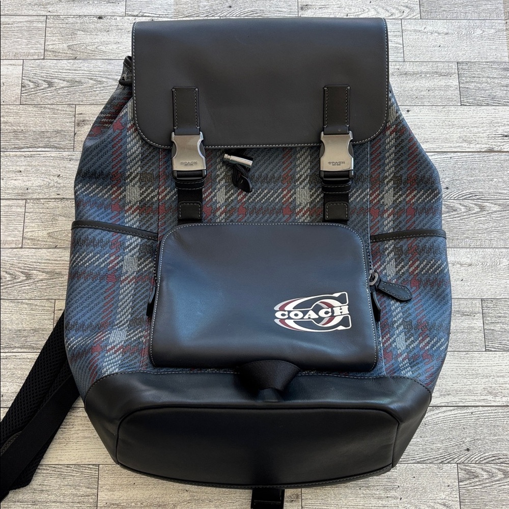 Coach Leather Backpack Blue Track Plaid Laptop Travel Carry On Bag‎ Quiet Luxury - Picture 3 of 13